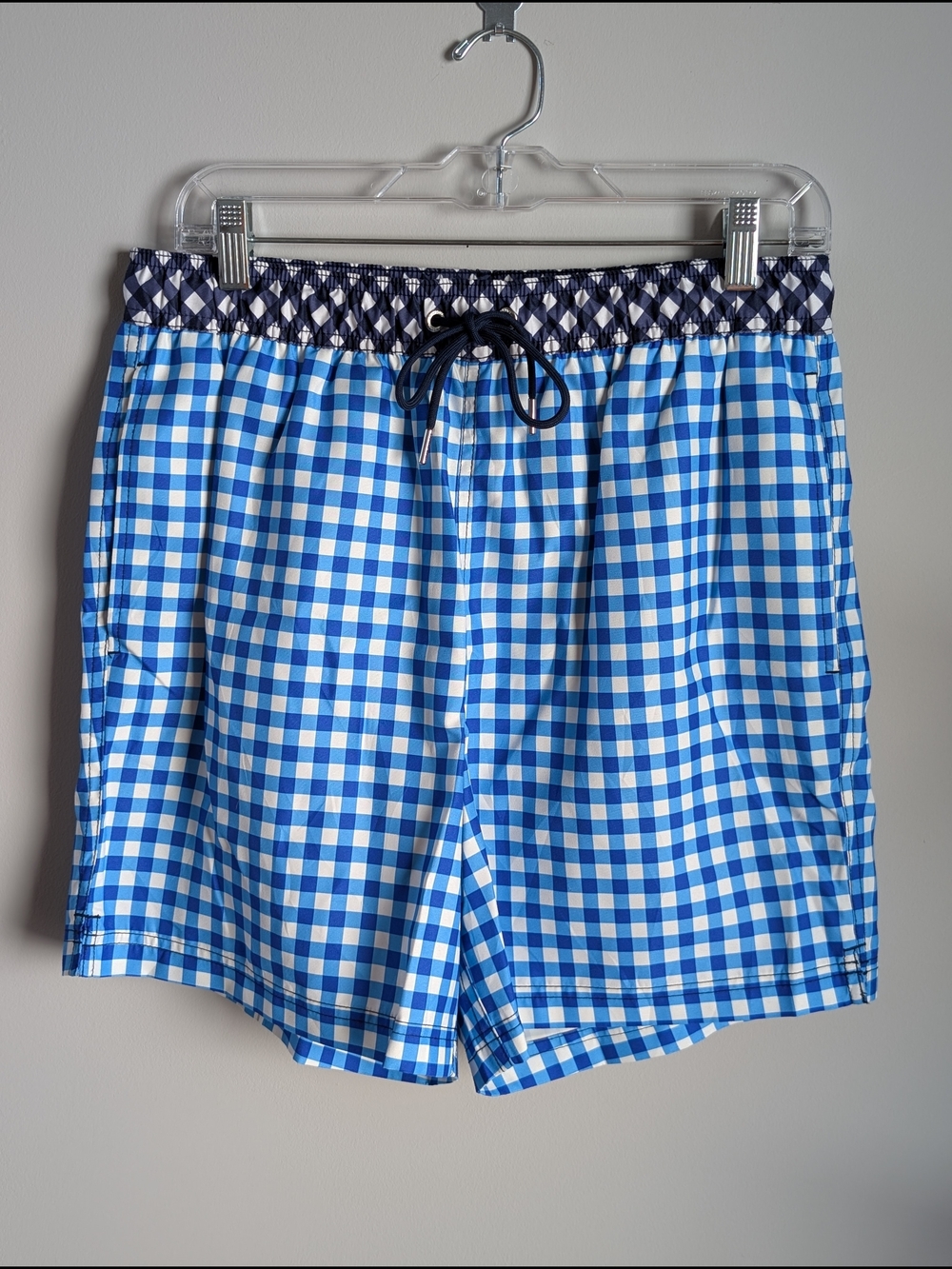 Draper James x Lands' End Collaboration Men's Gingham Swim Trunks Blue White